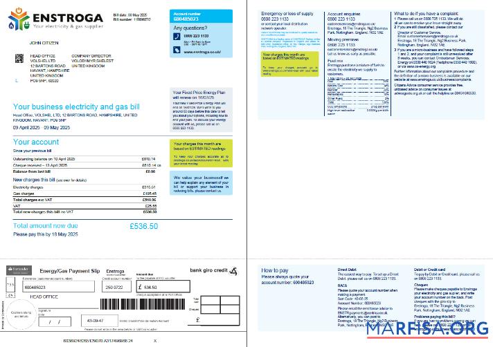 Downloadable United Kingdom Enstroga utility bill template in Word and PDF formats, 2 pages